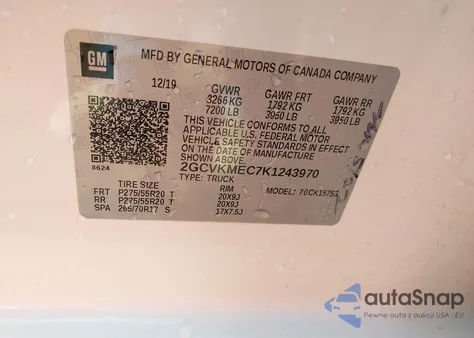 2019 Chevrolet Silverado 1500 Ld Silverado Custom z USA, uszkodzony, nr VIN 2GCVKMEC7K1243970